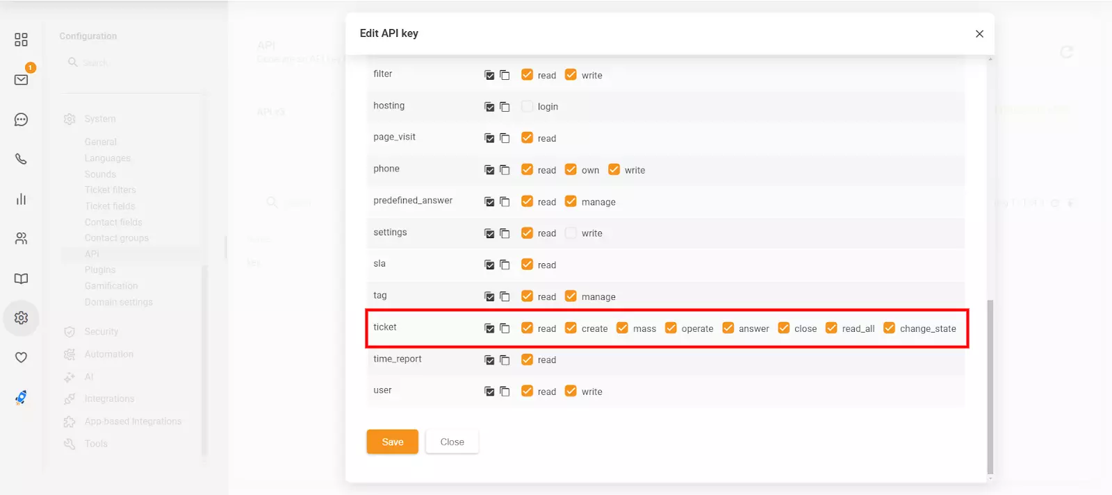 The Edit API key section in LiveAgent showing the new 'close' and 'change_state' permissions