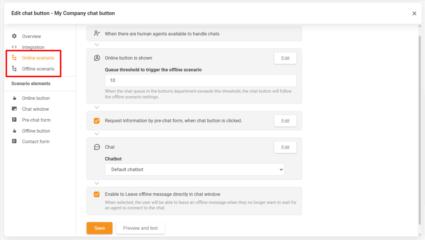 LiveAgent čata pogas konfigurācijas logs, kas parāda tiešsaistes un bezsaistes scenārijus
