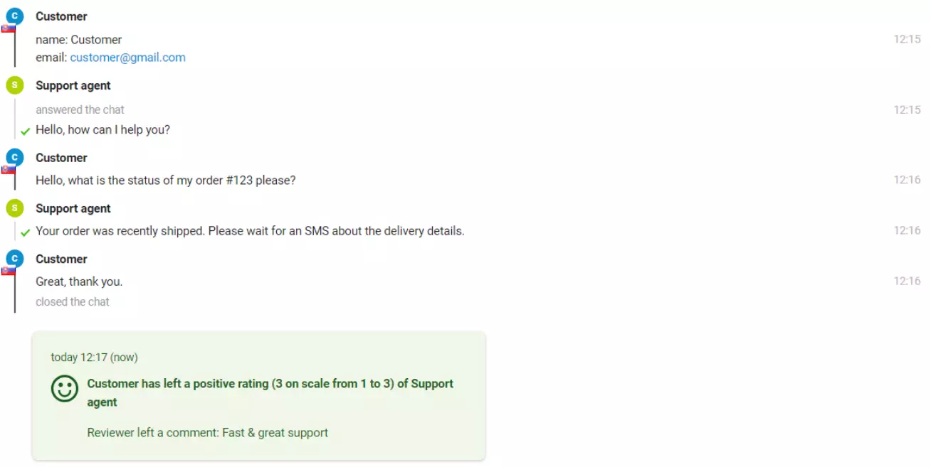 Čata attēls ar klientu, kas atstāja pozitīvu vērtējumu.