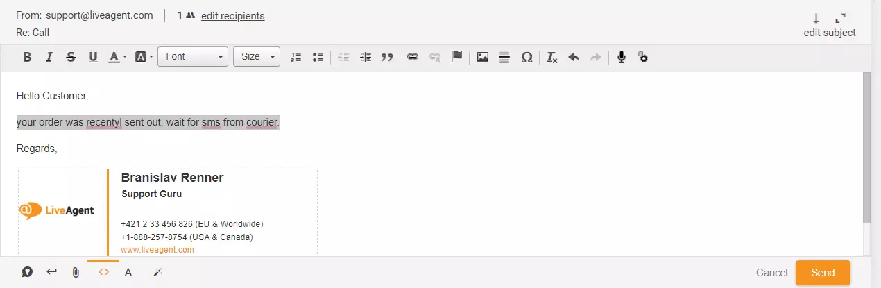 Attēls, kas parāda iezīmētu atbildi uz biļeti LiveAgent