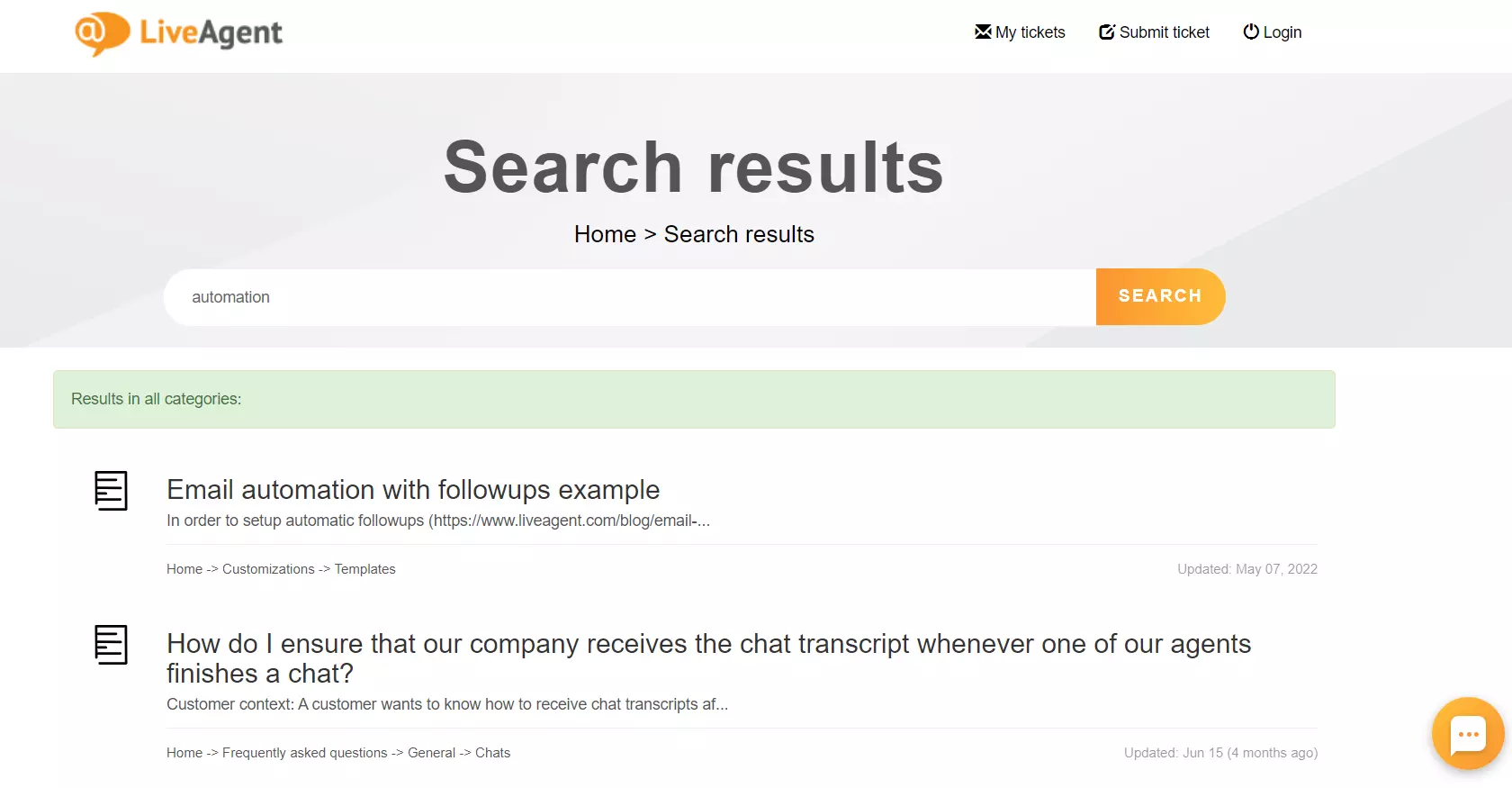 LiveAgent zināšanu bāzes meklēšanas funkcija