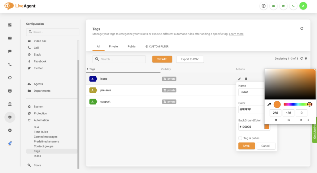 Tagu krāsas maiņas iestatījuma atjauninājums LiveAgent