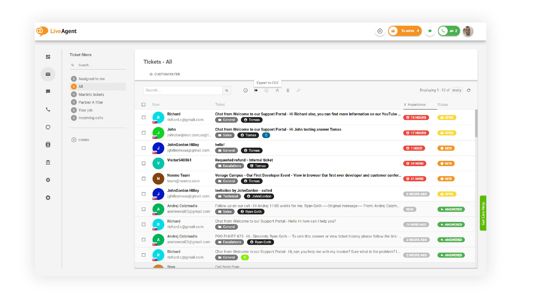 LiveAgent universālā iesūtne ar e-pasta, tērzēšanas un zvana biļetēm vienā rindā