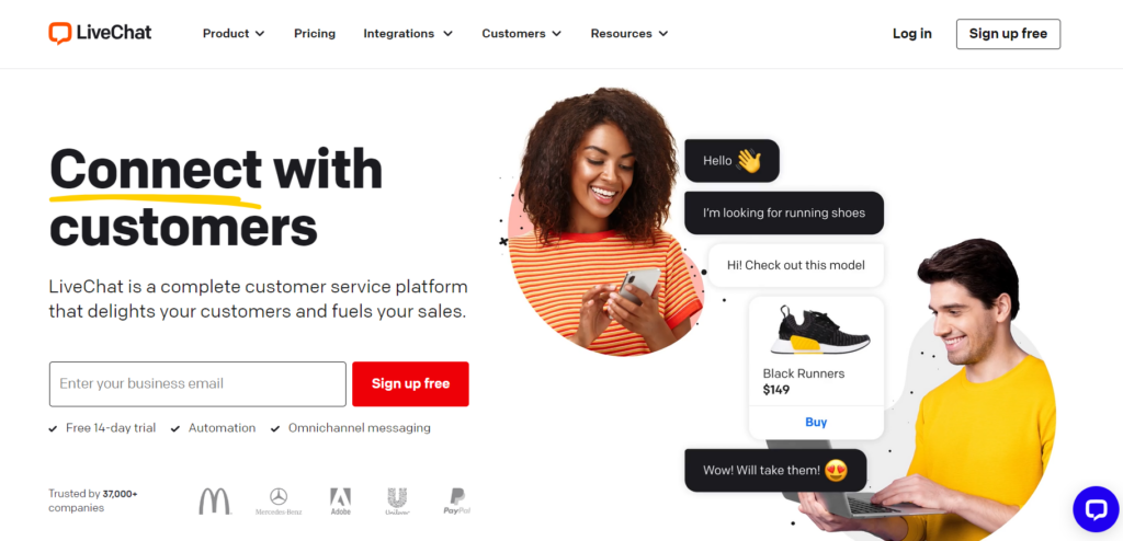 LiveChat mājas lapas ekrānuzņēmums, klientu apkalpošanas platforma klientu mijiedarbības pārvaldīšanai