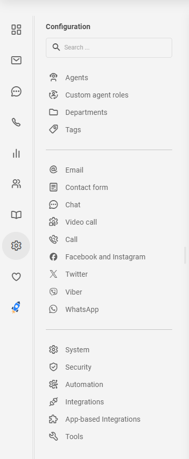 Ikonu saraksts LiveAgent izvēlnē