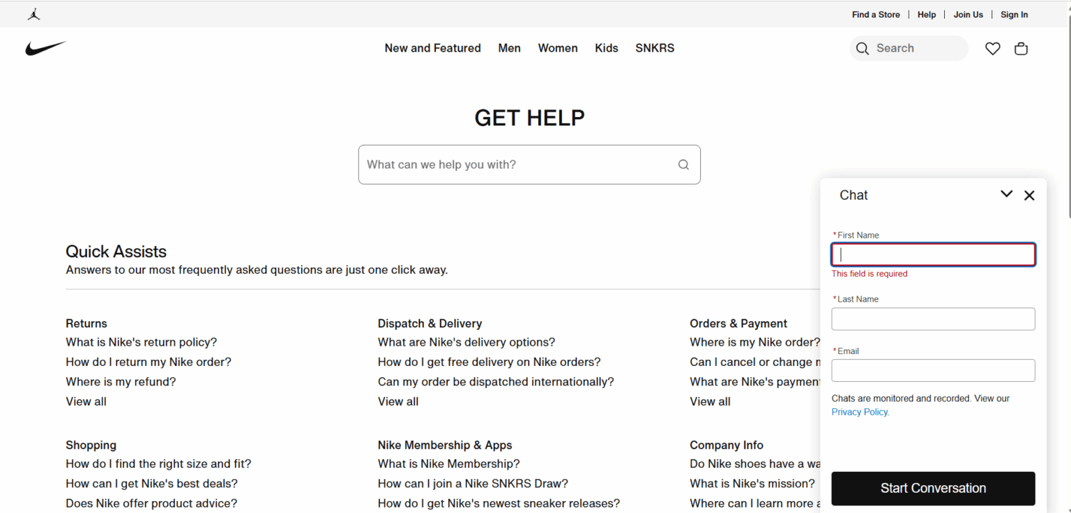 AI čatbots Nike tīmekļa vietnē