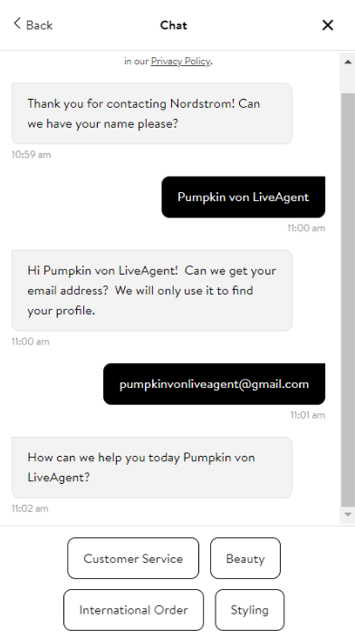 Nordstrom čatbota funkcija