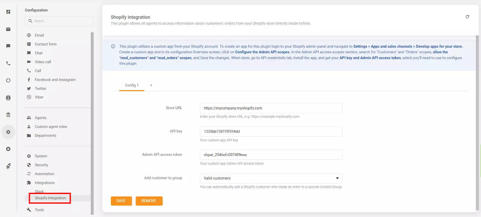 API atslēgas un API piekļuves marķiera novietošana LiveAgent konfigurācijas sadaļā