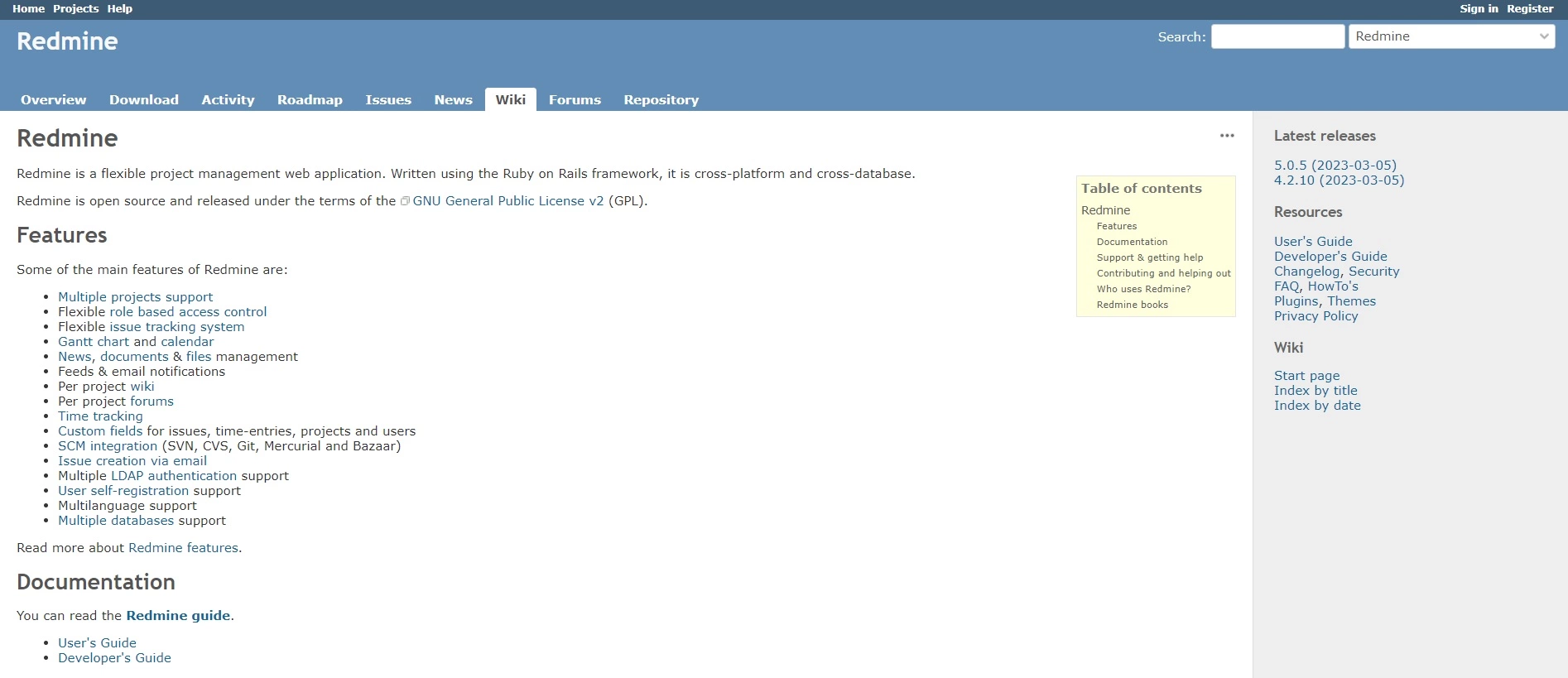 Redmine sākumlapa - atvērtā koda platforma, kas var palīdzēt jums automatizēt procesus un palīdzēt uzdevumu plānošanā, lai uzlabotu efektivitāti jūsu uzņēmumā.