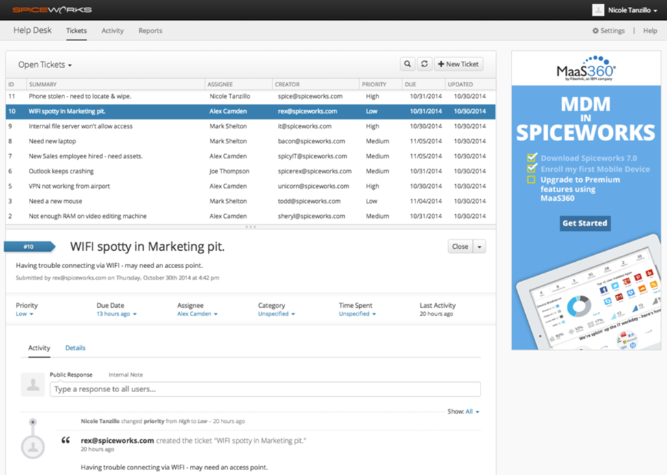 Spiceworks Cloud Help Desk biļešu saraksts ar lietotāju portāla iesniegumiem