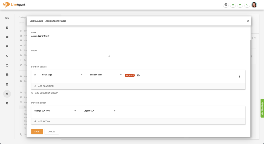 Steidzamas SLA noteikuma izveide LiveAgent