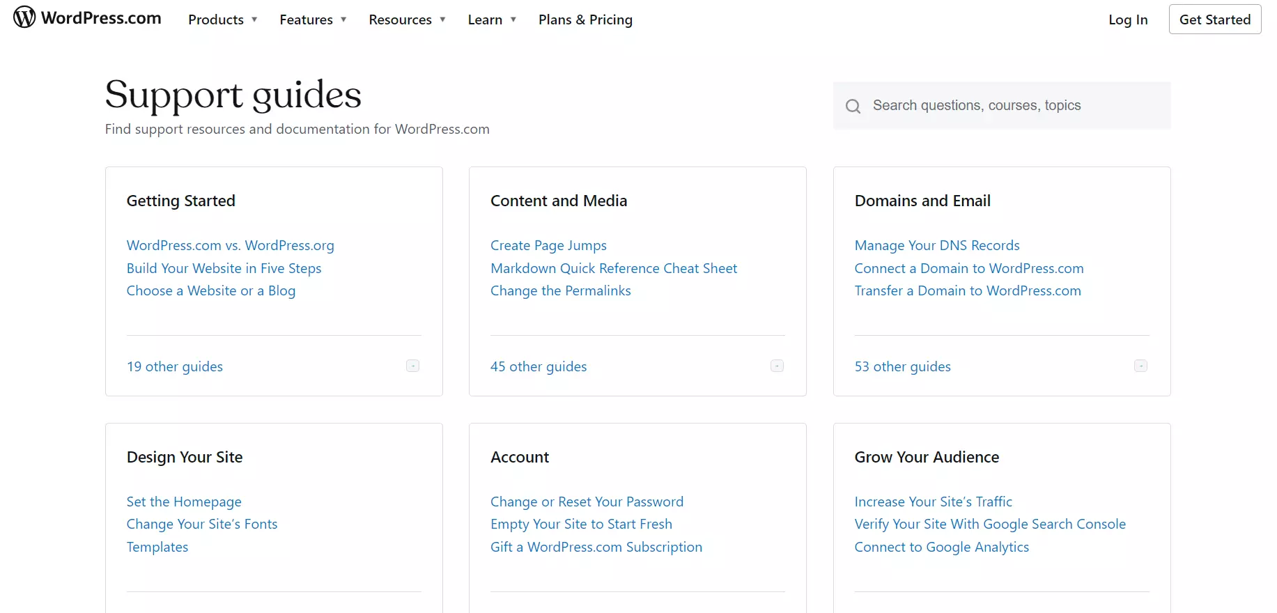 Image of the WordPress support guides listing different articles organized by category