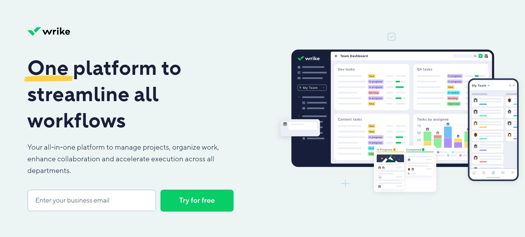 Wrike sākumlapa - visaptverošā platforma projektu vadībai, darba organizēšanai un sadarbības uzlabošanai visās nodaļās.