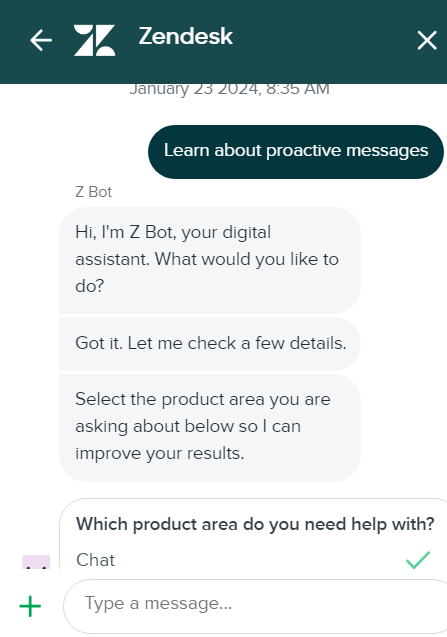 Attēls parāda, kā Zendesk tiešsaistes čata saruna izskatās