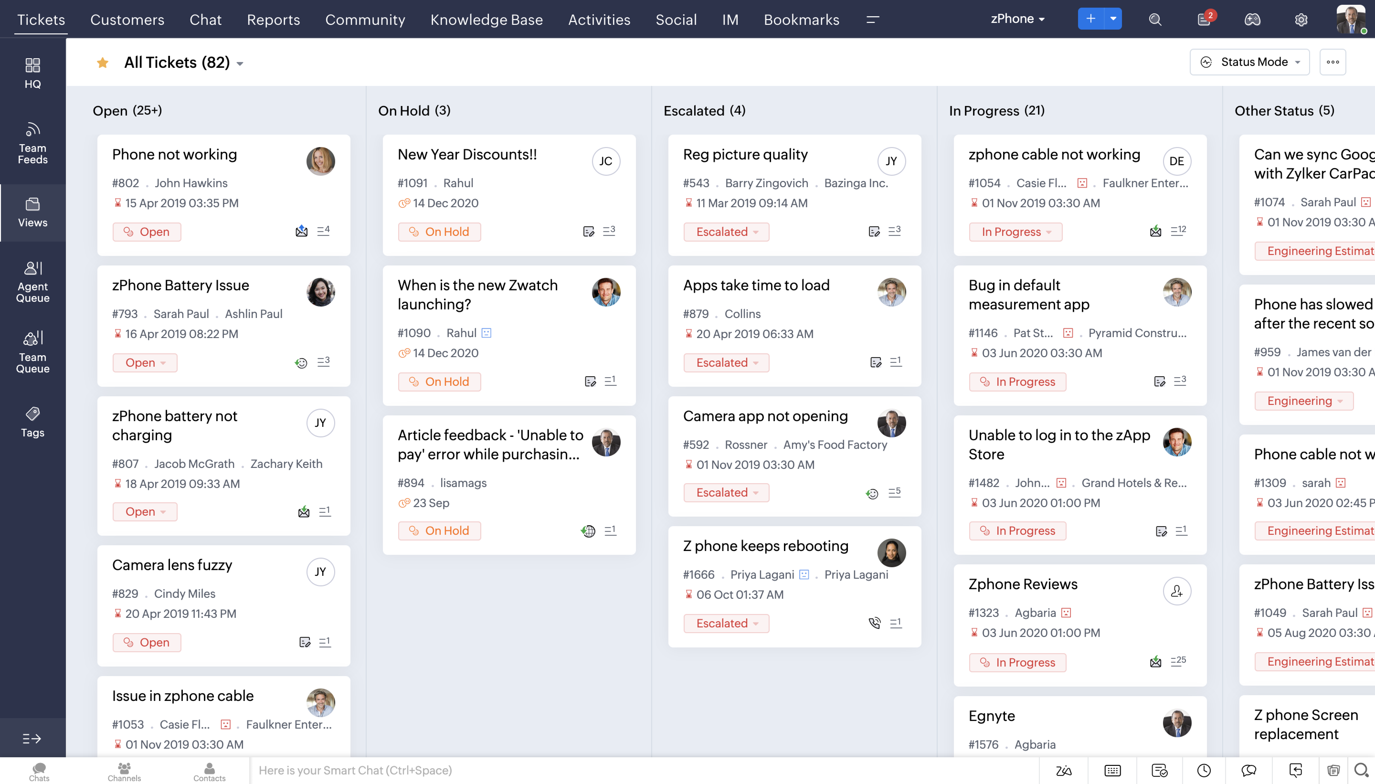 Zoho Desk aģenta skats ar pārveidotu biļešu rindas skatu