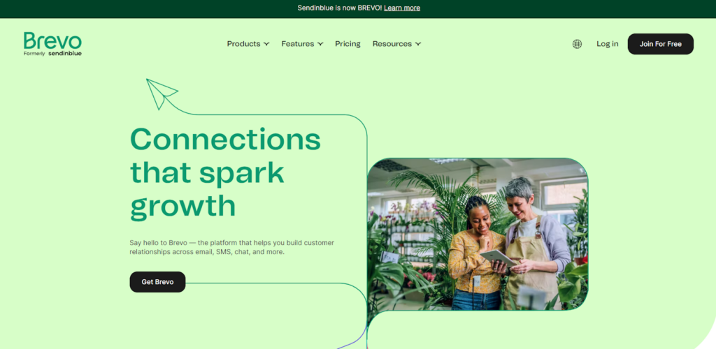 Brevo sākumlapa, e-pasta pārvaldības programmatūra ar mārketinga funkcijām