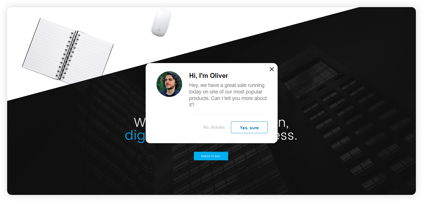 Uzņēmuma proaktīvā čata uzaicinājuma piemērs