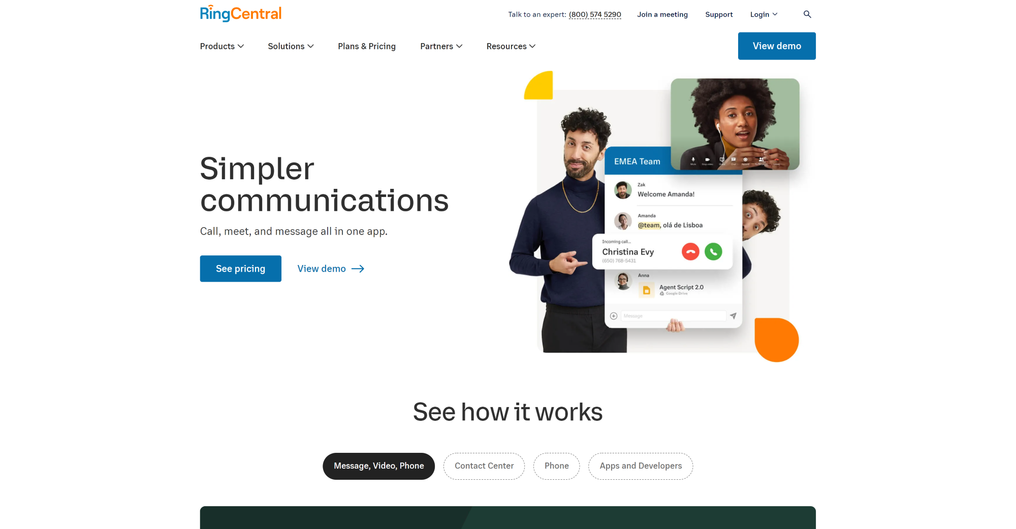 RingCentral zvanu centra programmatūras sākumlapa