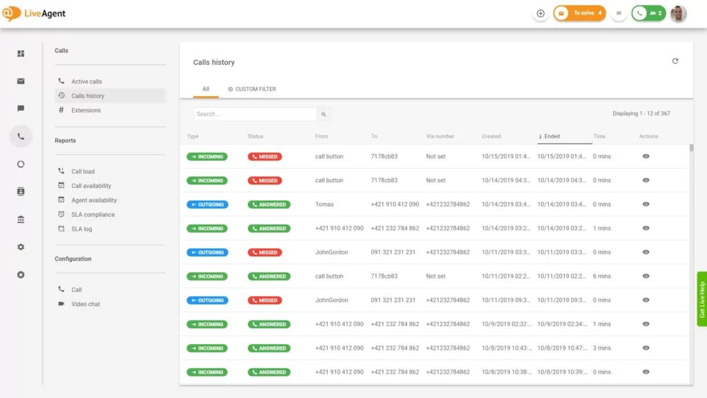 Zvanu centra saskarnes pārskats LiveAgent.