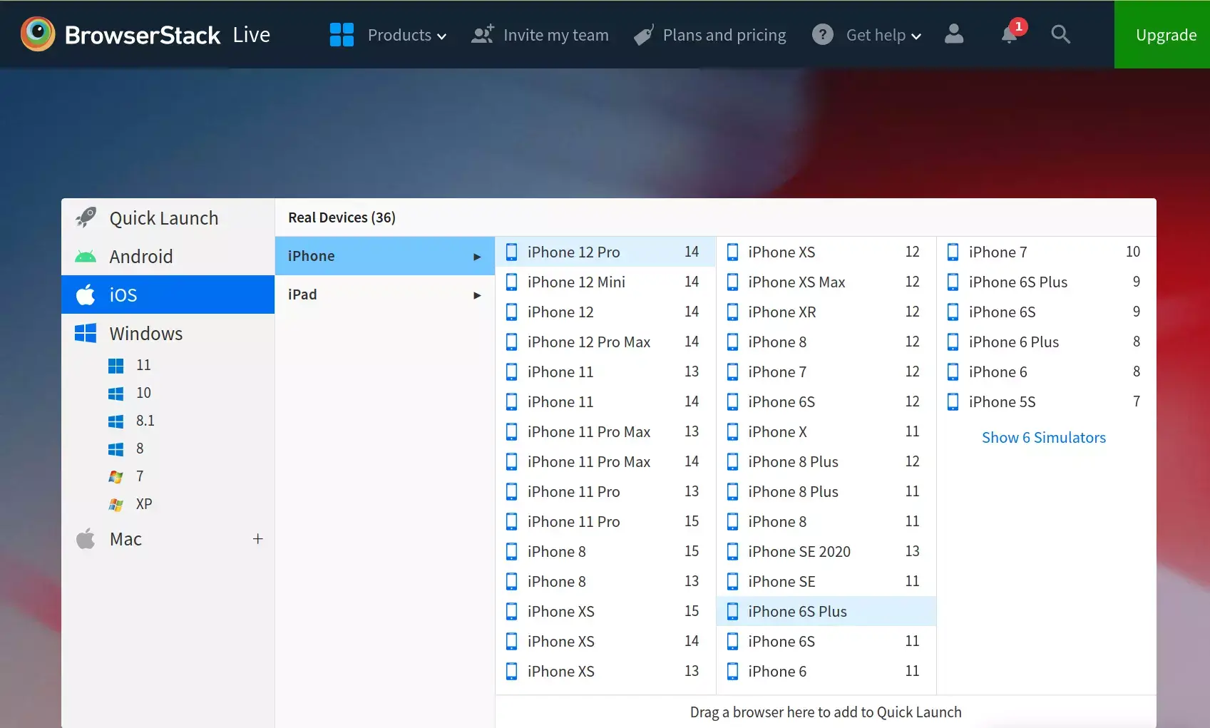BrowserStack simulē daudzas mobilās platformas un operētājsistēmu versijas