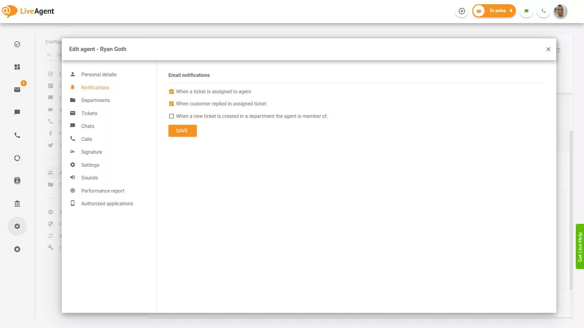 LiveAgent e-pasta paziņojumu iestatījumi