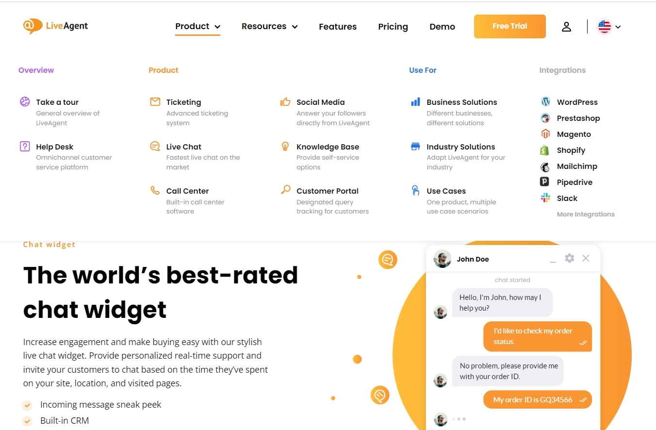 LiveAgent produkta navigācija