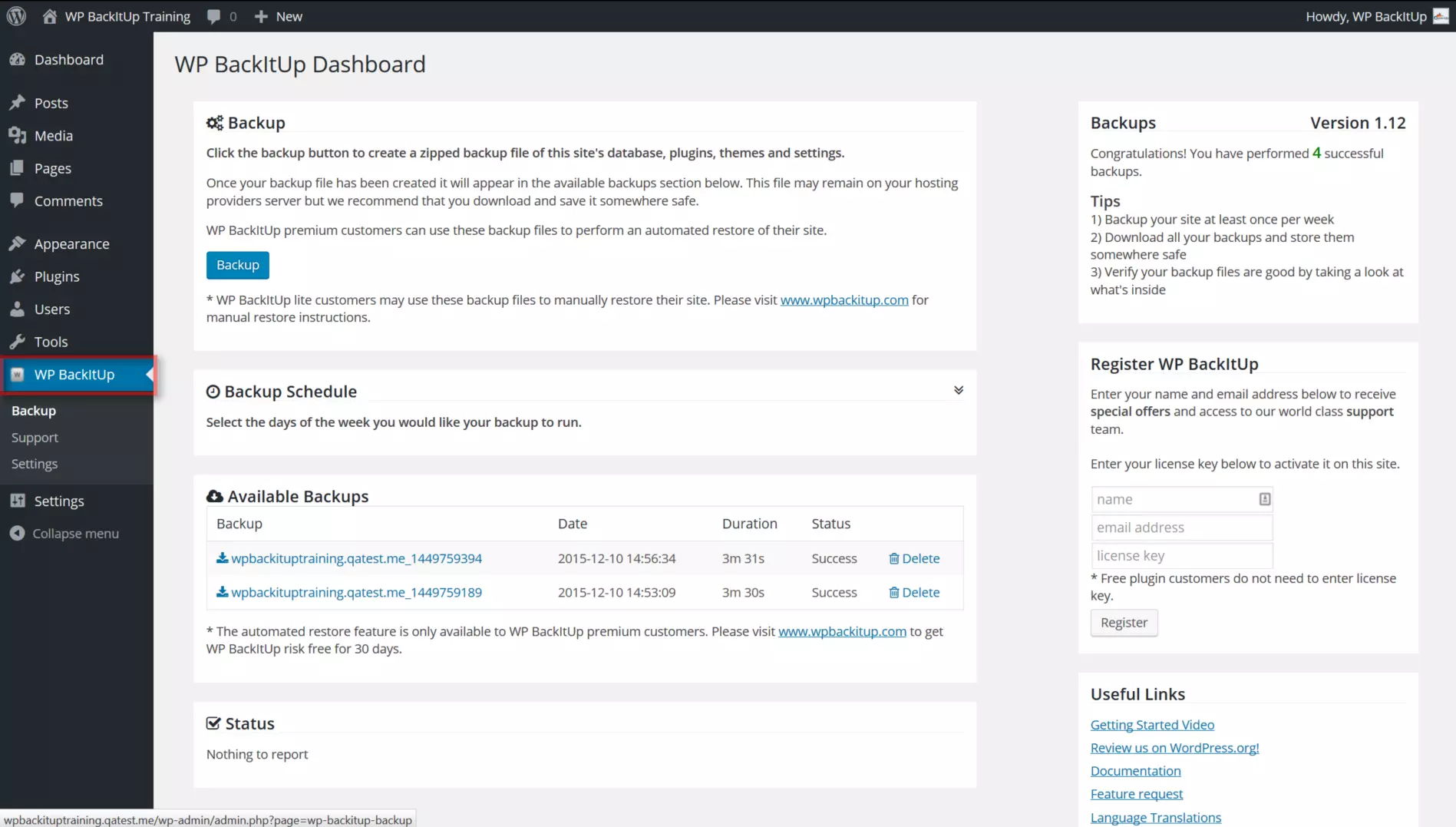 WordPress BackItUP dashboard
