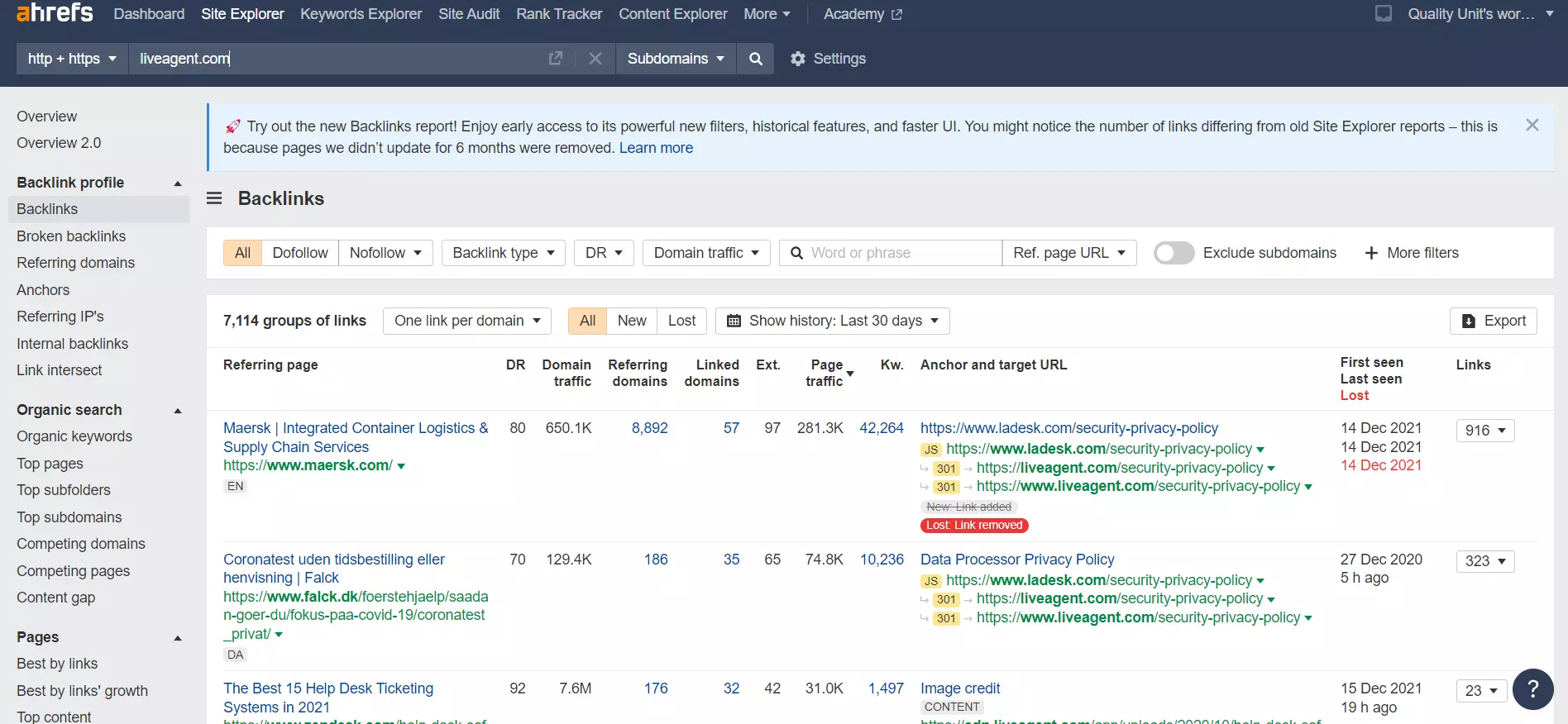 Ārējās saites Ahrefs piemērs