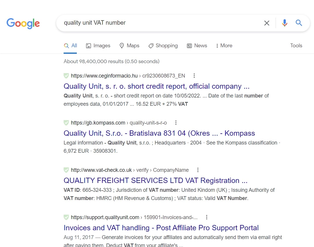 Quality Unit PVN numurs Google meklēšana