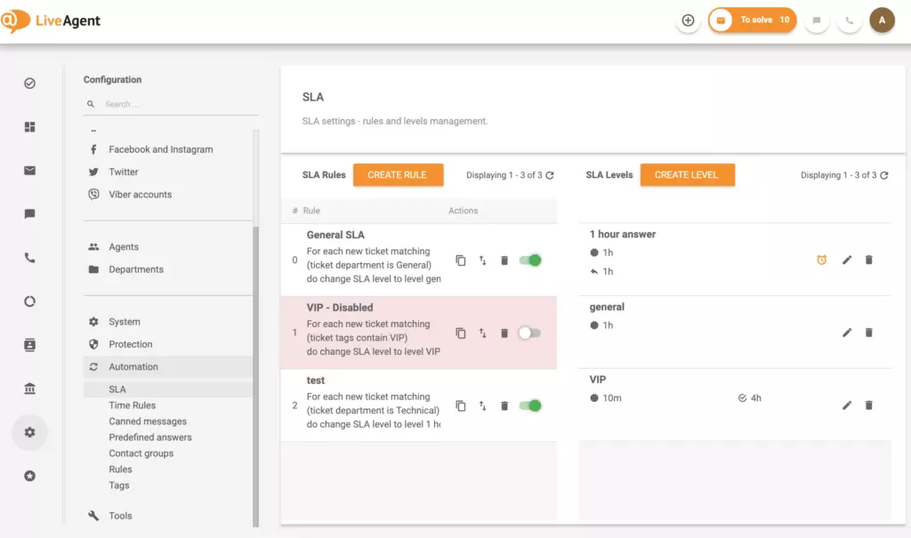 LiveAgent atbildes un risināšanas SLA laika iestatījumi