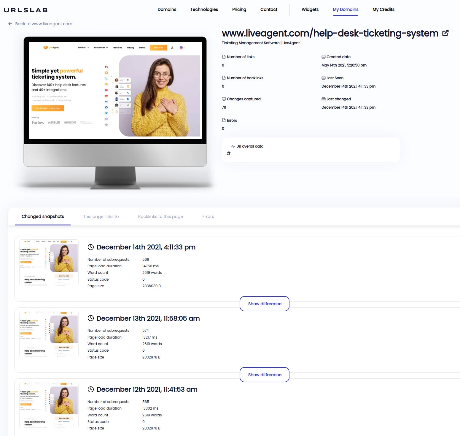 Katru dienu saņemiet ekrānuzņēmumu no katras lapas jūsu vietnē