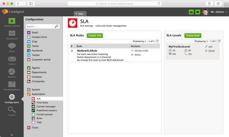 Attēls parāda, kur atrast SLA iestatījumus LiveAgent