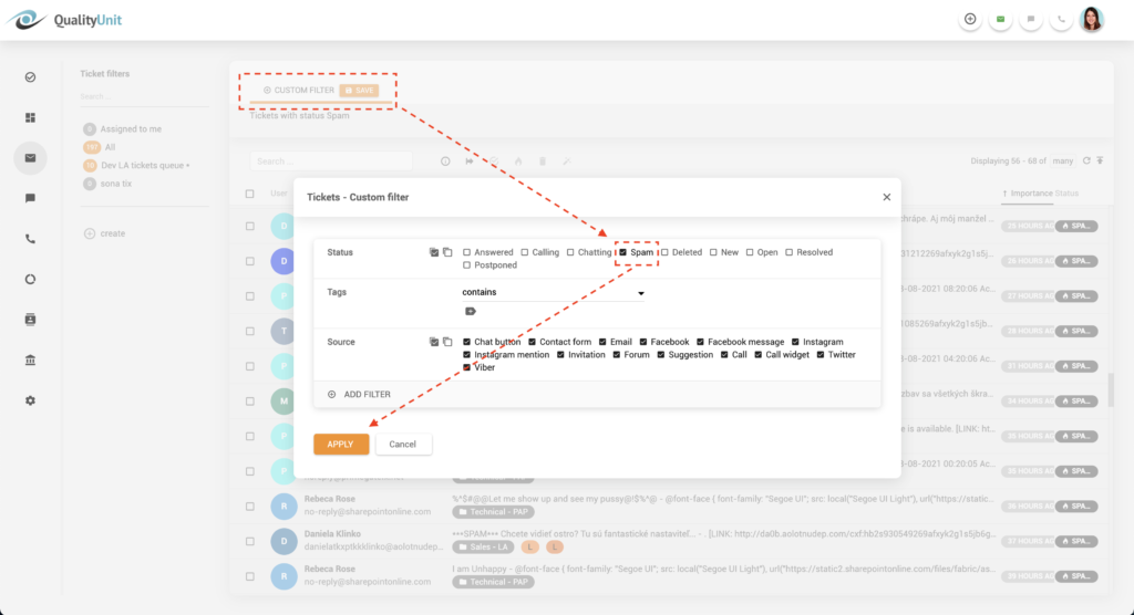 Spama filtrs LiveAgent