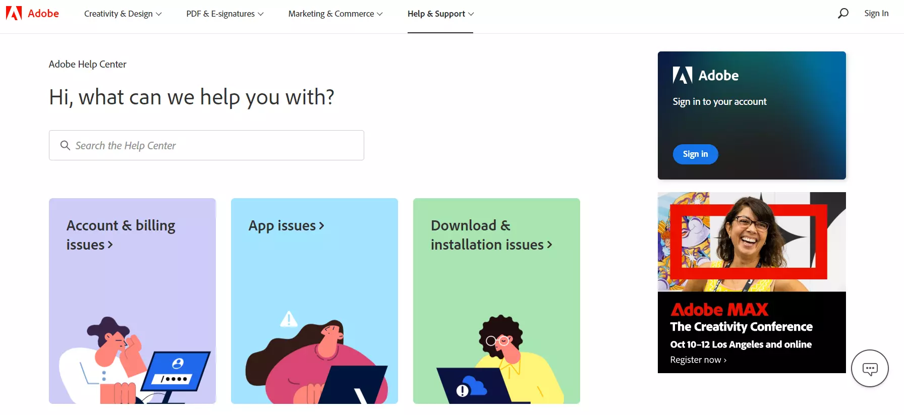 Adobe zināšanu bāzes sākumlapa, demonstrējot viņu zināšanu pārvaldības sistēmu.
