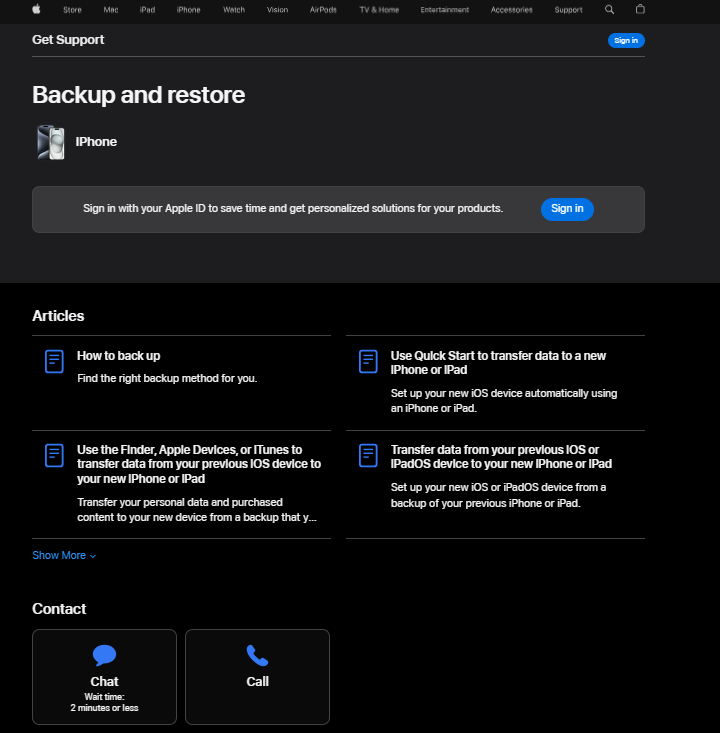 Apple atbalsta lapa, kurā redzamas viņu atbalsta opcijas