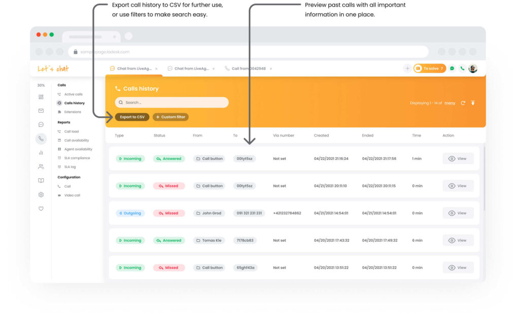 Zvanu vēstures funkcija LiveAgent zvanu centrā