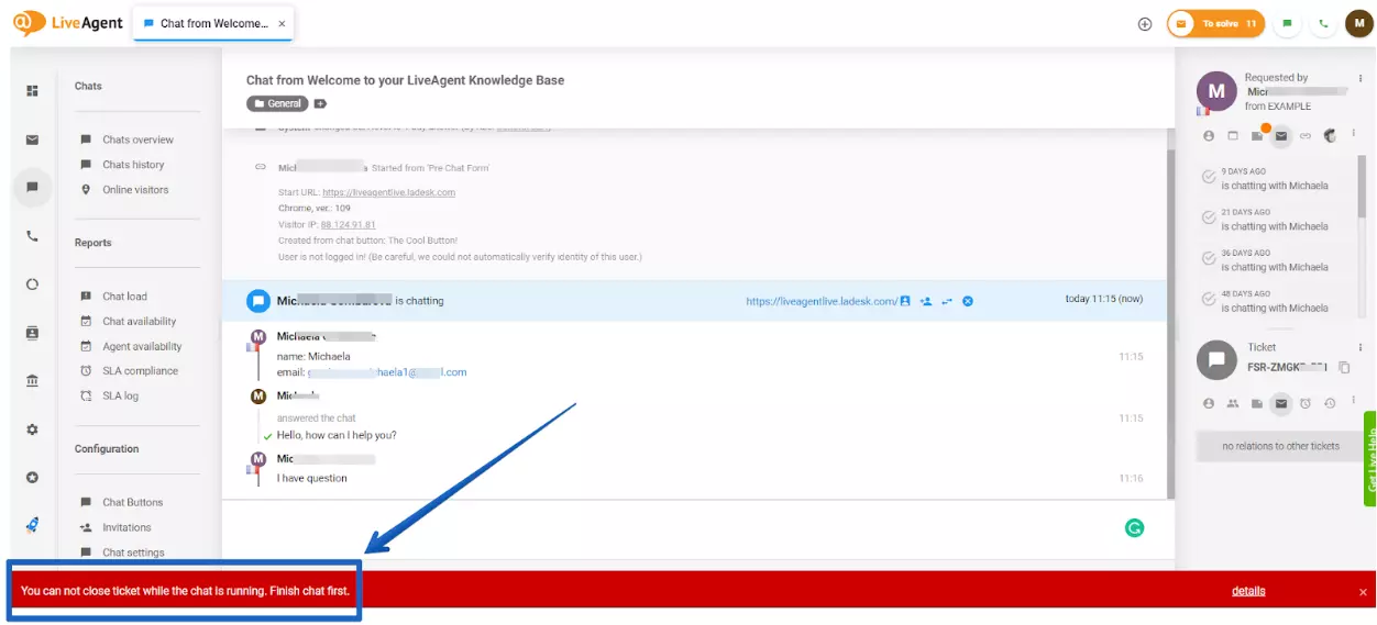 LiveAgent - neatrisināta čata brīdinājums