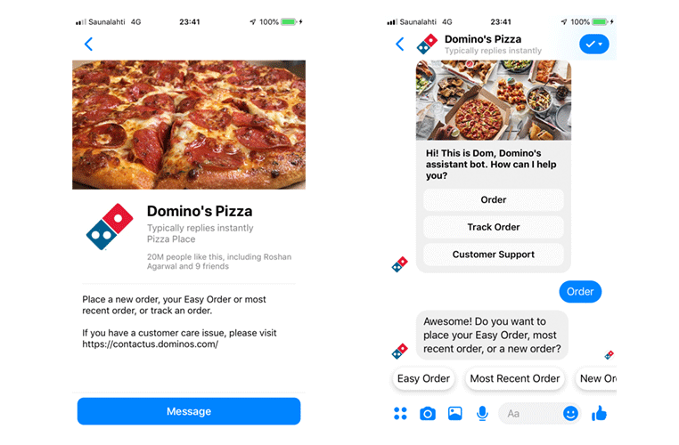 Domino's Pizza Messenger tiešā tērzēšana pasūtījumu veikšanai