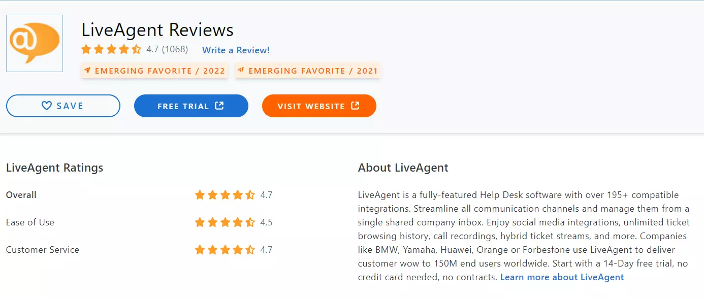 LiveAgent Capterra atsauksme 2022