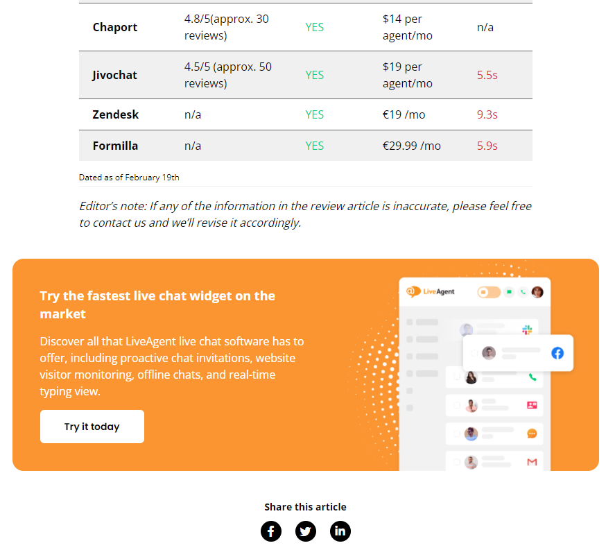LiveAgent satura beigās esošais CTA