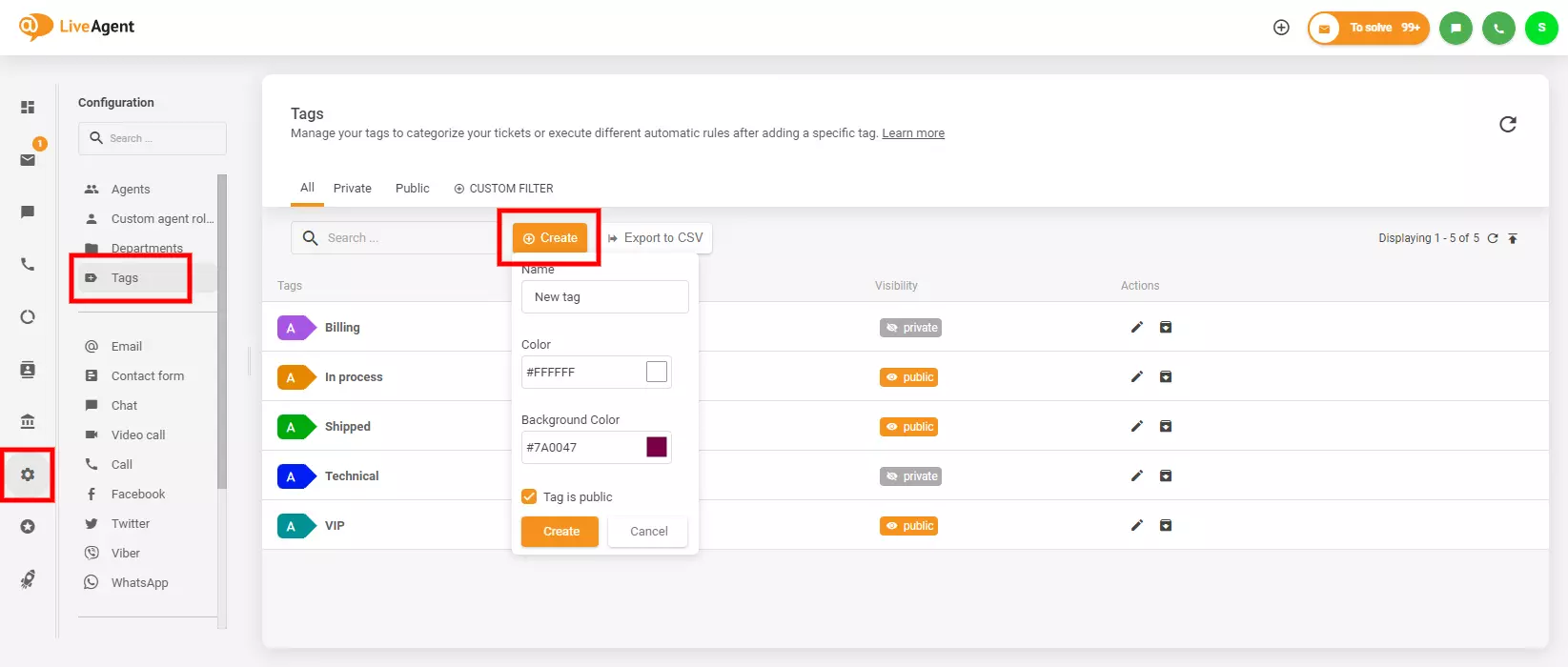 Attēls parāda, kur atrast un izveidot birkas LiveAgent