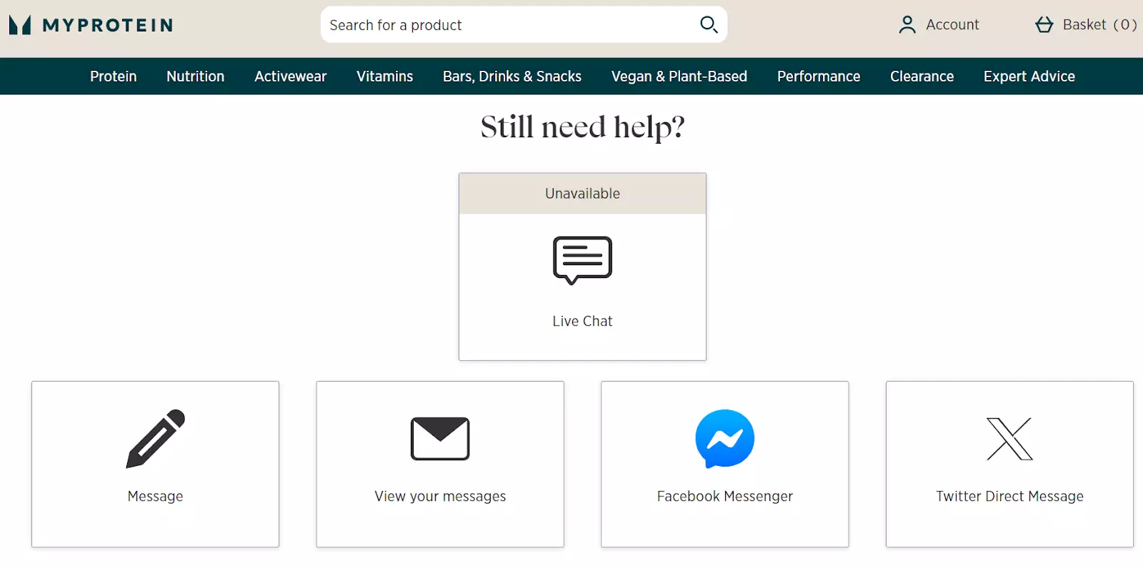 MyProtein atbalsta lapa ar komunikācijas kanāliem