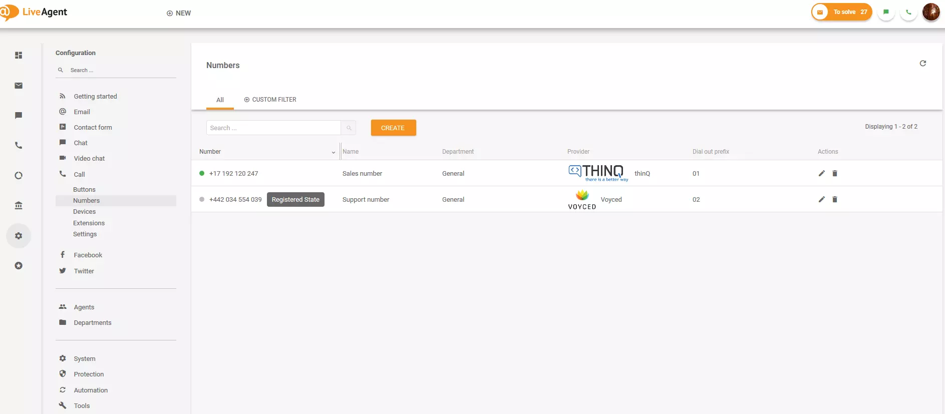 Numuru sadaļa LiveAgent