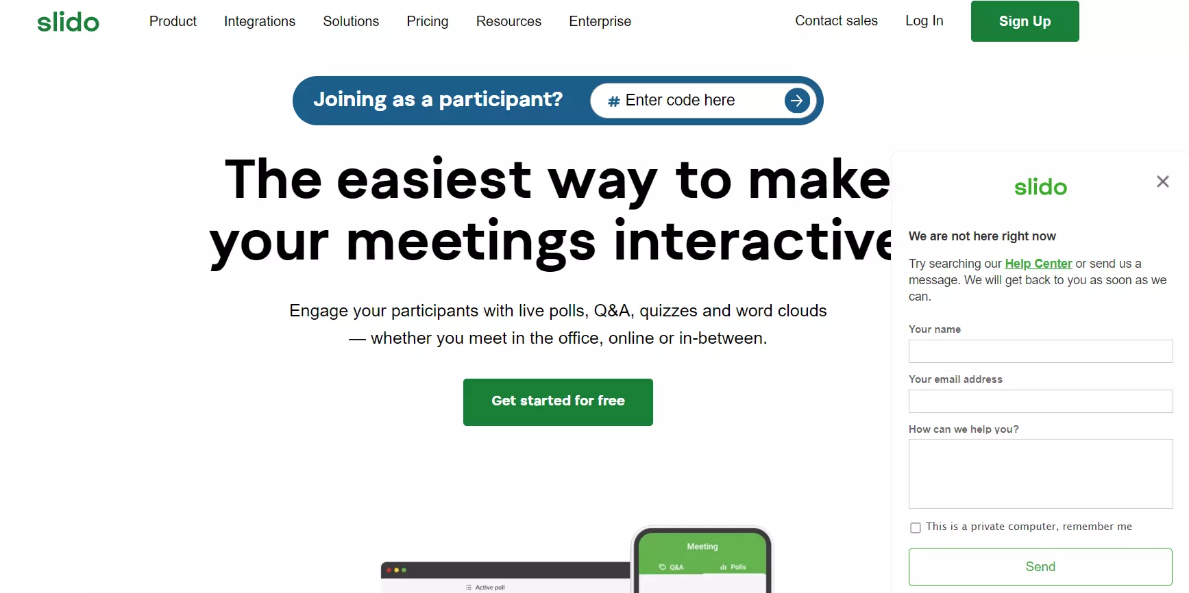 Slido sākumlapa ar viņu tērzēšanas lodziņu