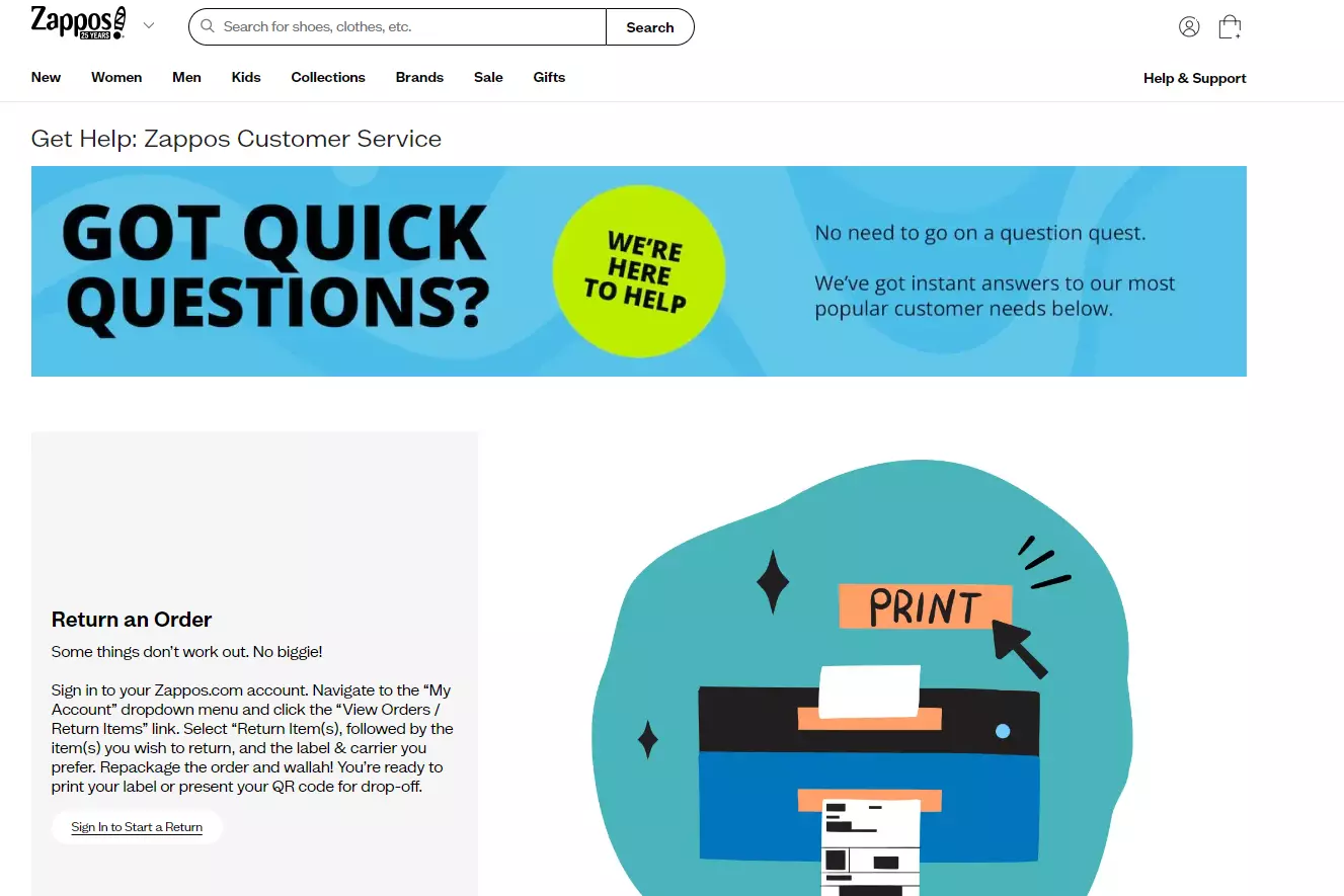 Zappos atbalsta lapa, kurā redzamas viņu atbalsta opcijas