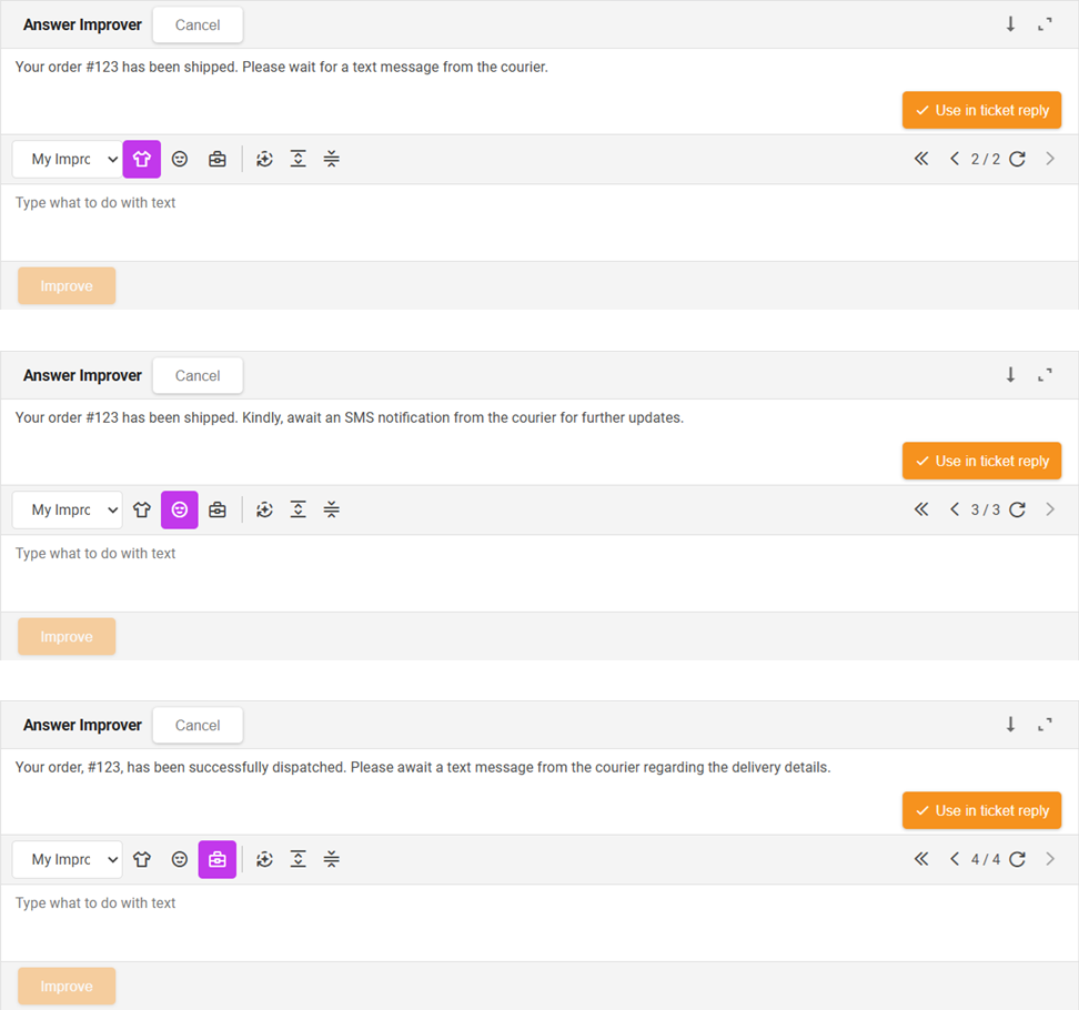 Atbilžu uzlabošanas rīka režīmi