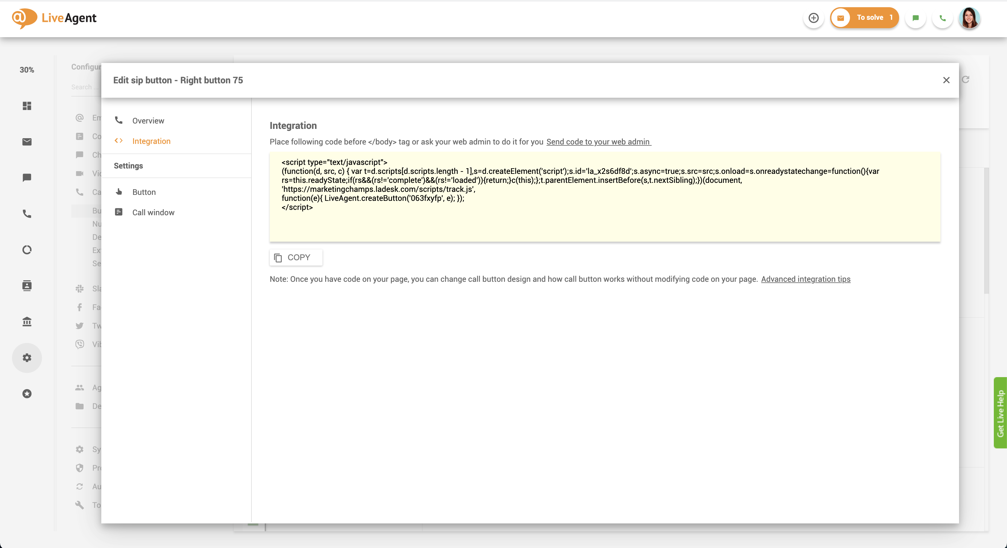 Call button integration code