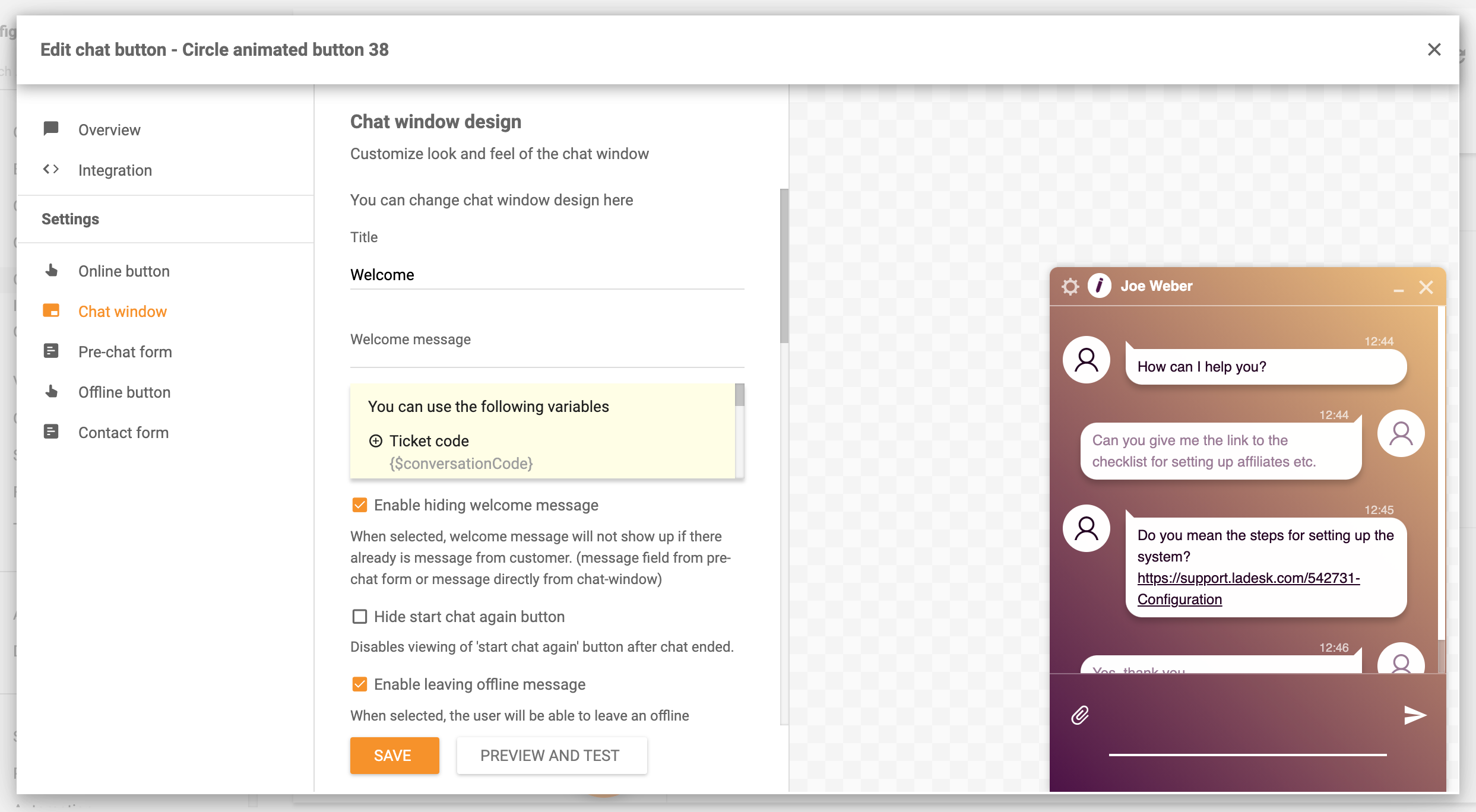 Tērzēšanas loga dizaina opcijas