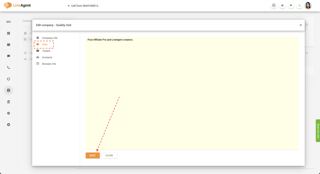 Uzņēmuma piezīme LiveAgent