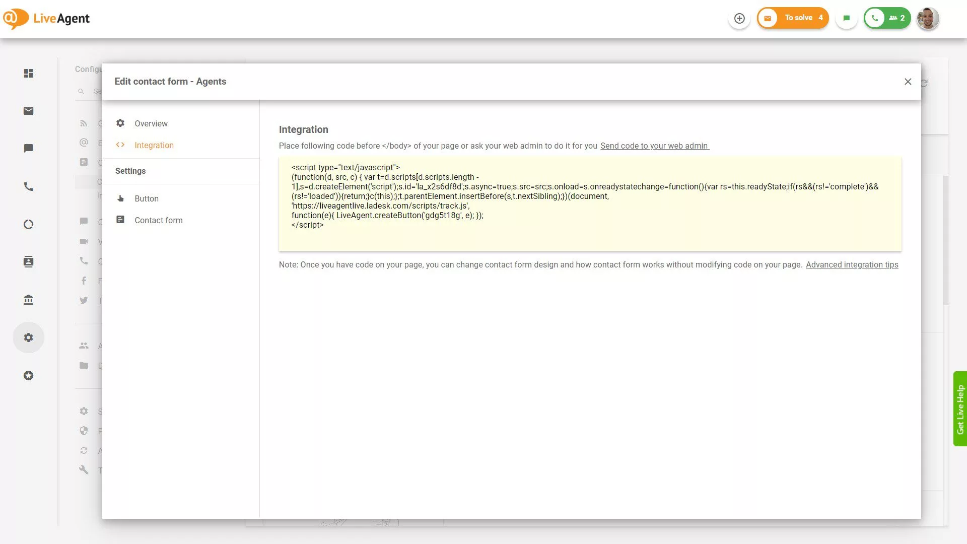 LiveAgent kontaktu formu integrācijas kods